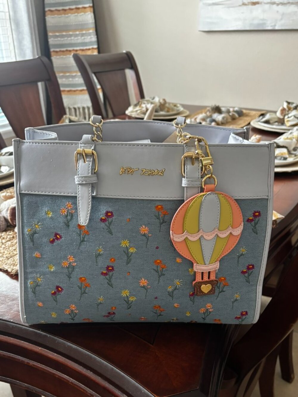 Betsey Johnson Embroidered Wildflower Denim Tote Hot Air Balloon Charm